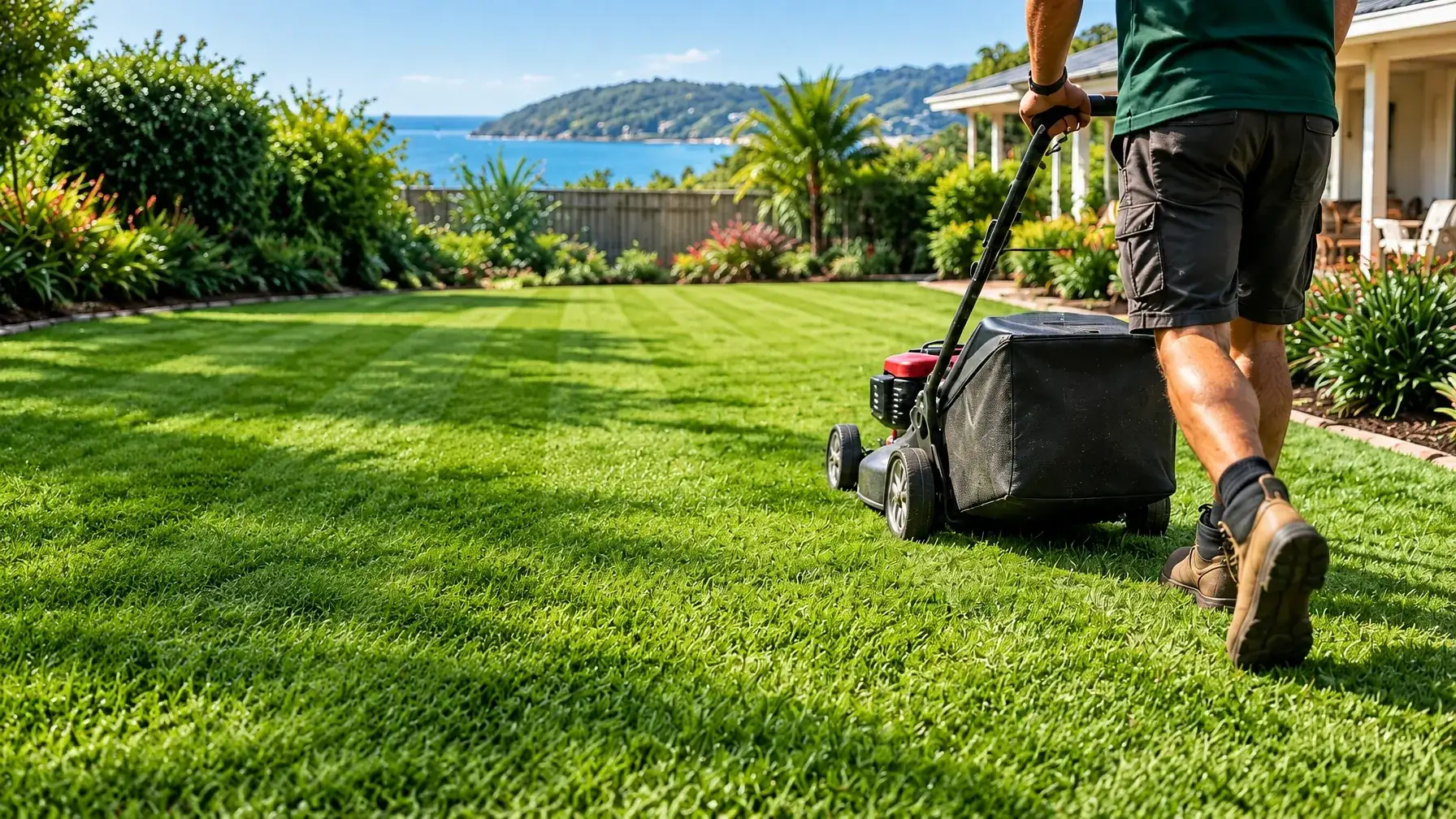 A freshly mown lawn in a coastal Nelson Bay garden
